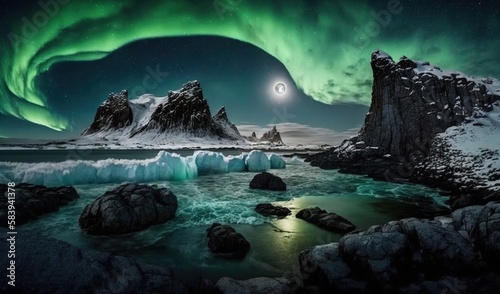  a green and blue aurora over a mountain range and a body of water with ice in it and a full moon in the sky above.  generative ai © Olga