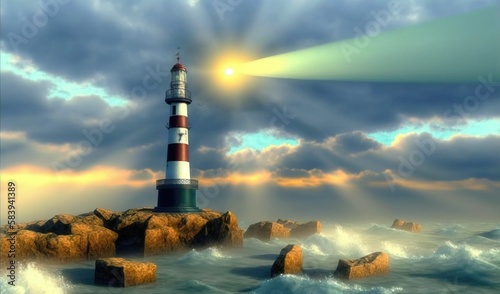  a painting of a lighthouse in the ocean with a ray of light coming out of the top of it's lighthouse tower, with the sun shining through the clouds. generative ai