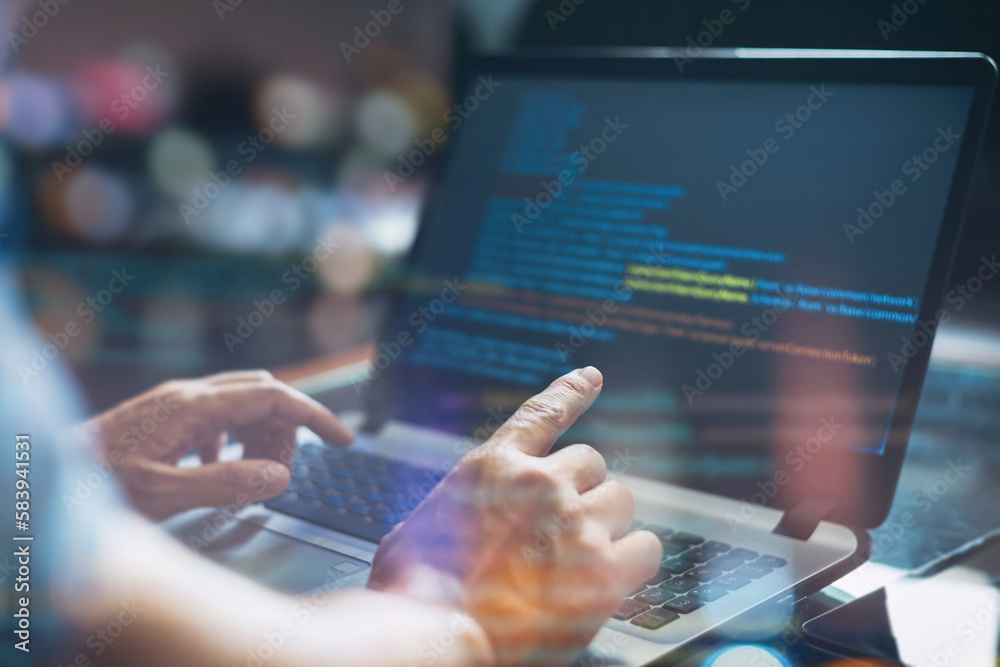 IT programer working on computer coding digital technology. Conceptual of computer science project, writing software code script for business data analytics. IT programer working on computer coding digital technology. Conceptual of computer science project, writing software code script for business data analytics.