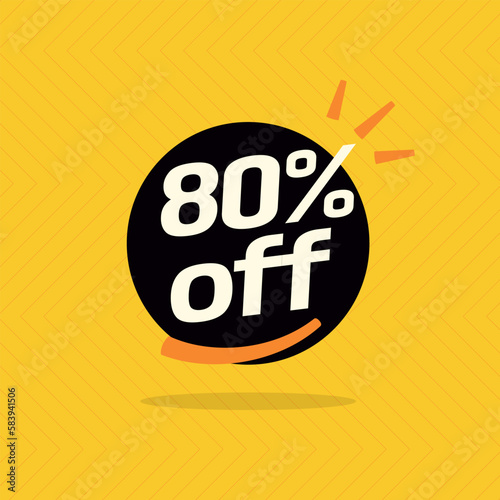 80% off. Black banner with special sale ten percent off black speech bubble and yellow background.