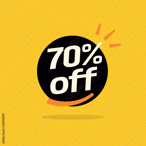70% off. Black banner with special sale ten percent off black speech bubble and yellow background.