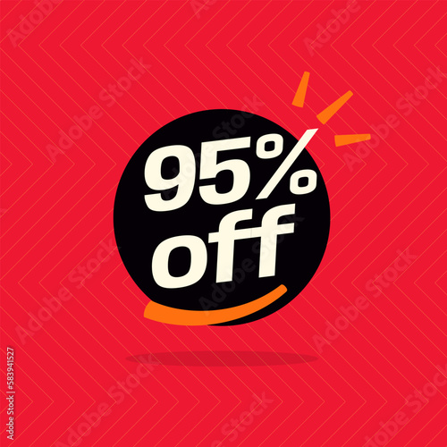 95% off. Black banner with special sale ten percent off black speech bubble and red background.