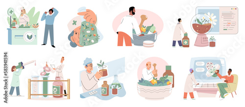 Herbal oils natural medicines. Scientist or doctor making alternative medicine herb, mortar, laboratory glassware plant in tube, flower. Doctor checking medicinal herbs. Herbal medicine. Drug research