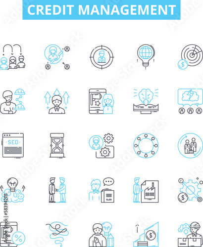 Credit management vector line icons set. Credit, Management, Debt, Financing, Collection, Score, Reports illustration outline concept symbols and signs