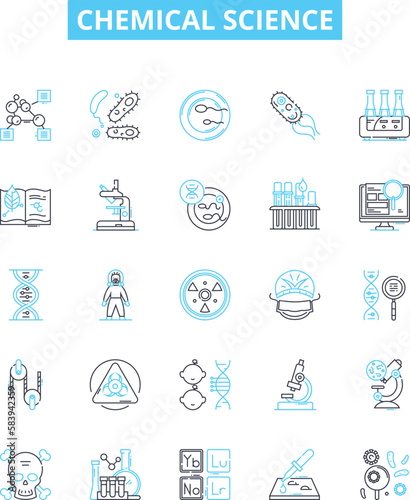 Chemical science vector line icons set. Chemistry, molecules, reactants, compounds, elements, atoms, formulas illustration outline concept symbols and signs