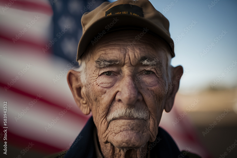elderly veteran on the background of the American flag. generative AI - obrazy, fototapety, plakaty 