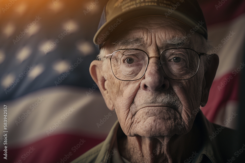 elderly veteran on the background of the American flag - obrazy, fototapety, plakaty 