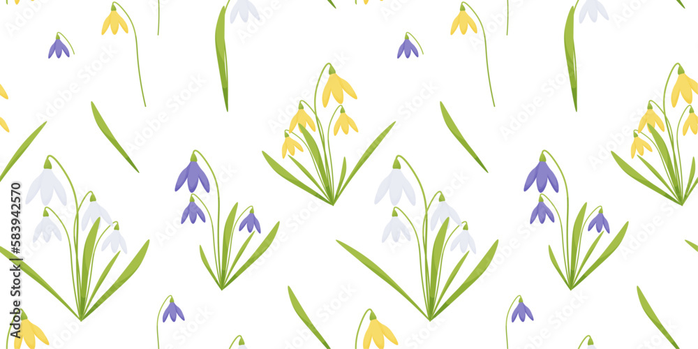 Fototapeta premium Vector seamless pattern with white, yellow, purple snowdrops and green leaves on a transparent background.