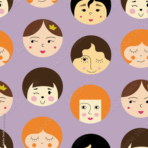 Feminine look, abstract personage, mascot design, funny face, cute icon.