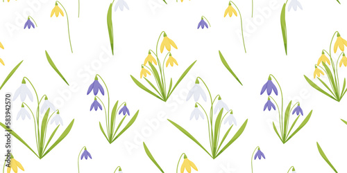 Vector seamless pattern with white, yellow, purple snowdrops and green leaves on a transparent background.