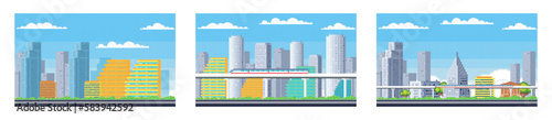 Pixel art landscape. Urban street view, 8 bit city park road, with background buildings and apartments in pixel art, pixel cityscape. Pixelated scene, pixelation gaming playing level, 8 bit city