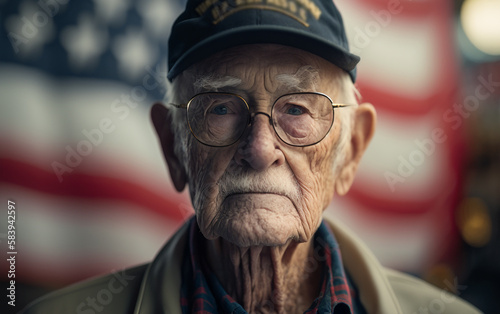 elderly veteran on the background of the American flag. generative AI photo