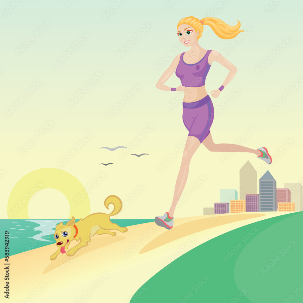 Morning run is the key to health and good mood for the whole day, vector illustration, background, girl, sun, sport, dog, life style, city, healthy lifestyle 