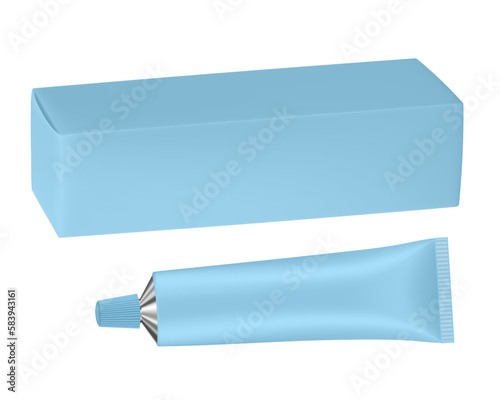 Set of light blue metal tube and box. Realistic mockup. Ointment or salve. Korean packaging. Blank cardboard package	