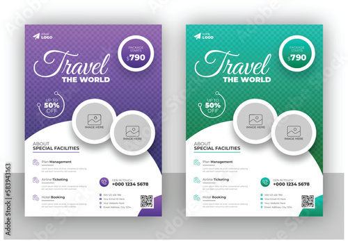 Flyer design and brochure cover page template for travel agency vacation offer discount trip in a4 size vector format