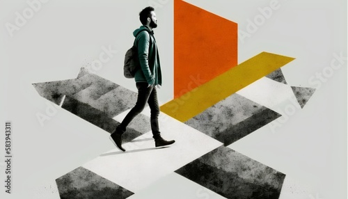 Person standing at crossroads in a stylized, collage style illustration, facing the challenge of making a decision about life, career, and future direction. Choices in personal growth. Generative AI