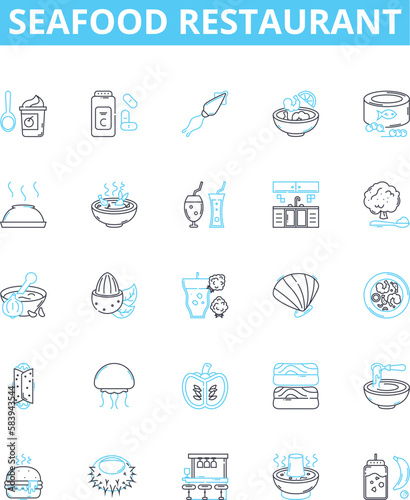 Seafood restaurant vector line icons set. Seafood, Restaurant, Fish, Shrimp, Lobster, Oysters, Mussels illustration outline concept symbols and signs