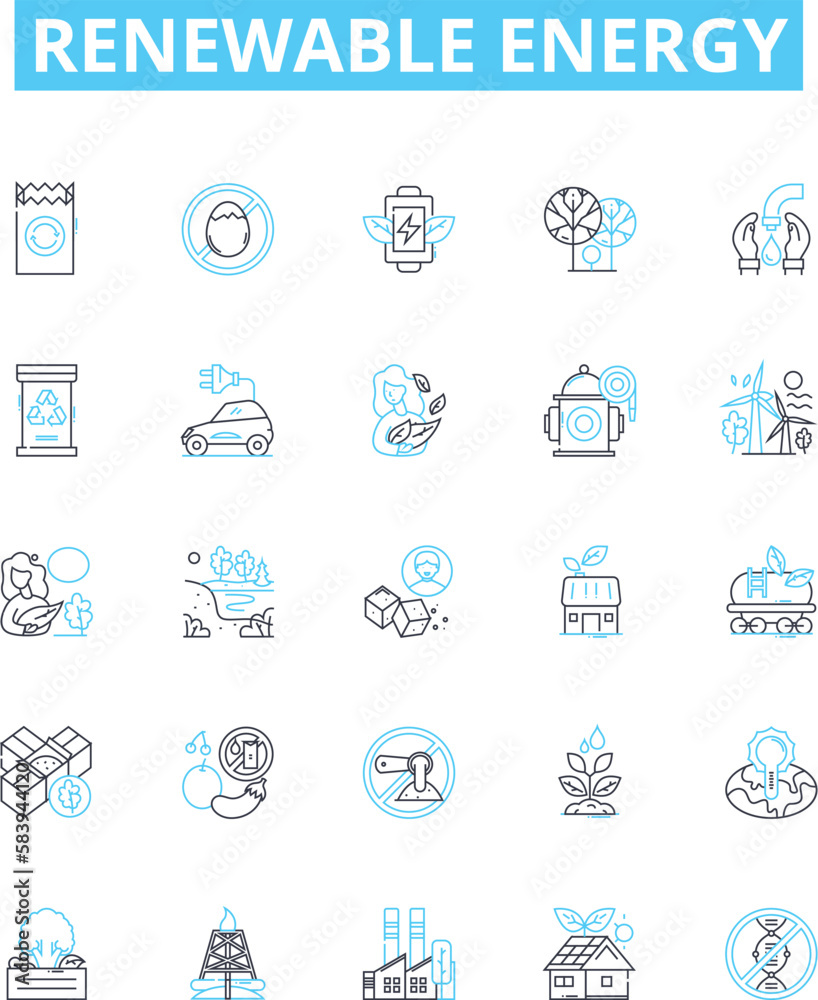 Renewable energy vector line icons set. Solar, Wind, Hydro, Biomass, Geothermal, Tidal, Wave illustration outline concept symbols and signs