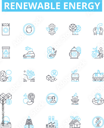 Renewable energy vector line icons set. Solar, Wind, Hydro, Biomass, Geothermal, Tidal, Wave illustration outline concept symbols and signs