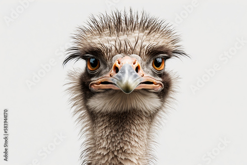 Ostrich head close up on light background. Generative AI.