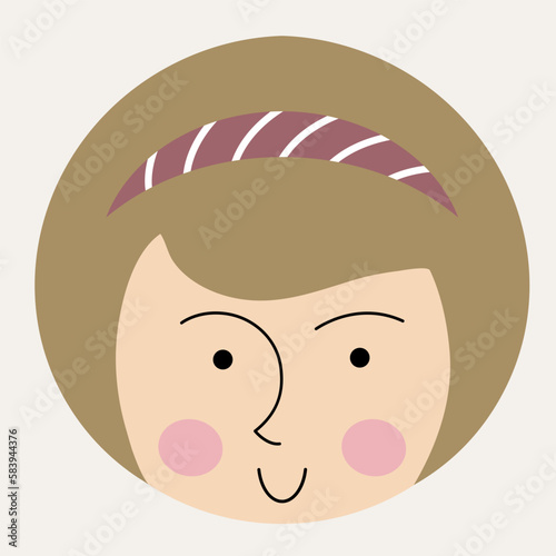 Feminine look, abstract personage, mascot design, funny face, cute icon.