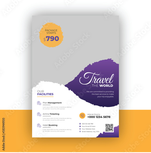Flyer design and brochure cover page template for travel agency vacation offer discount trip in a4 size vector format