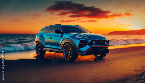 carro esportivo em lindo por do sol na praia 