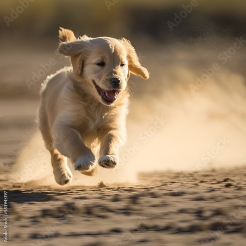 Generative AI cute golden retriever puppy running