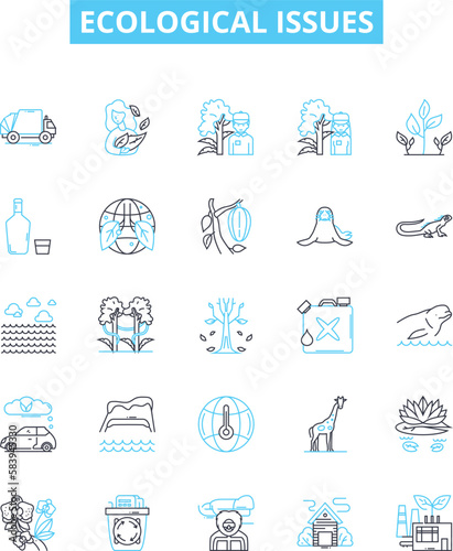 Ecological issues vector line icons set. Ecology, Conservation, Pollution, Deforestation, Climate, Biodiversity, Waste illustration outline concept symbols and signs