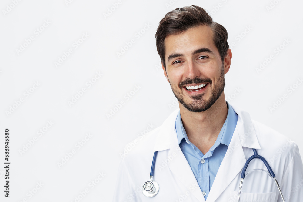 Man doctor in white coat with stethoscope and wearing glasses for vision smile with teeth on white isolated background looking into camera, copy space, space for text, health Man doctor in white coat with stethoscope and wearing glasses for vision smile with teeth on white isolated background looking into camera, copy space, space for text, health