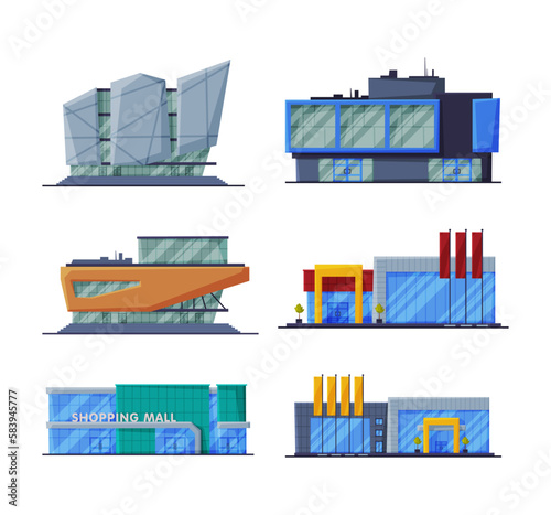 Shopping Mall Buildings of Various Design Vector Set