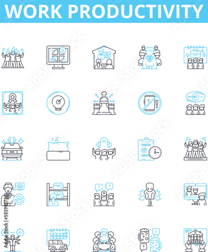 Work productivity vector line icons set. Efficiency, Productivity, Quality, Output, Results, Accomplishments, Proficiency illustration outline concept symbols and signs