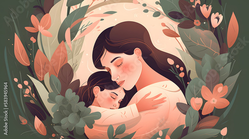 Mother's day concept illustration, mom with child, Generative AI