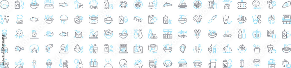 Seafood restaurant vector line icons set. Seafood, Restaurant, Fish, Shrimp, Lobster, Oysters, Mussels illustration outline concept symbols and signs Seafood restaurant vector line icons set. Seafood, Restaurant, Fish, Shrimp, Lobster, Oysters, Mussels illustration outline concept symbols and signs