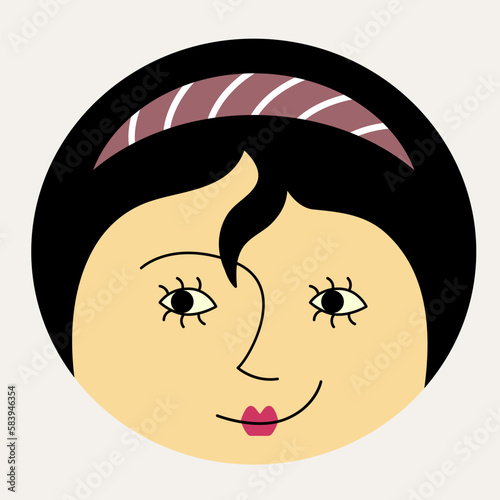 Feminine look, abstract personage, mascot design, funny face, cute icon.