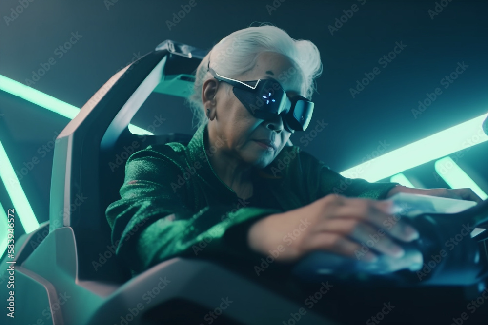 Generative ai senior woman sitting in self driving electric car