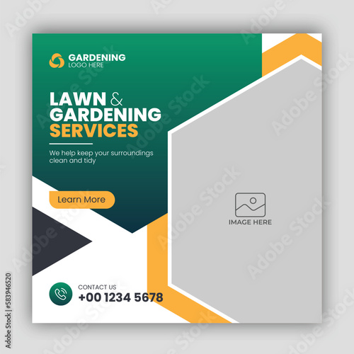 Lawn or gardening service social media post banner square flyer design and web banner template
