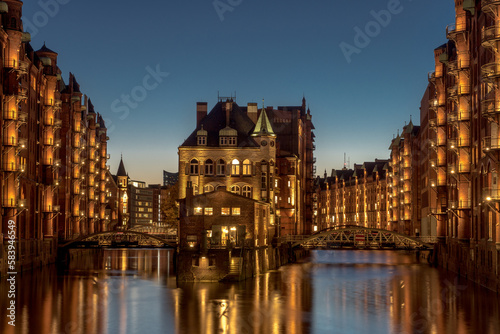 Historic Speicherstadt at night in Hamburg  Germany