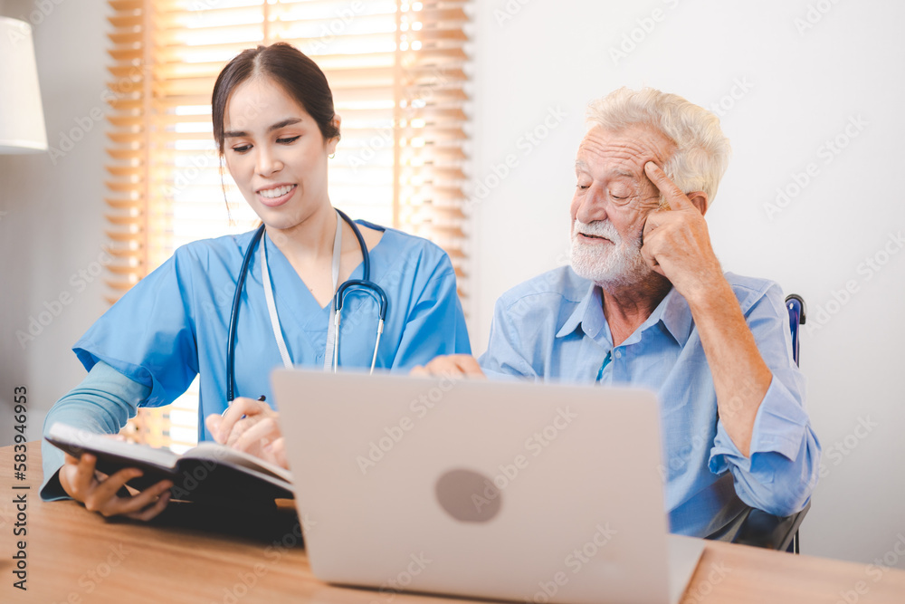 Fototapeta premium doctor or professional nurse support elderly person at home, senior man patient in health care insurance, medicals caregiver assistance help to old adult retirement business man with disease