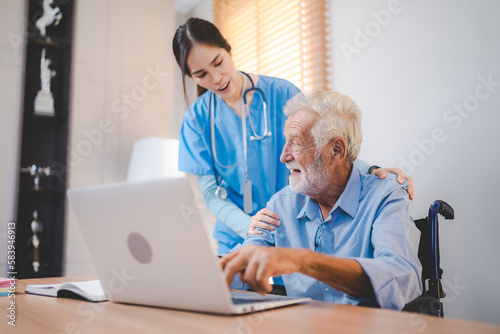 doctor or professional nurse support elderly person at home, senior man patient in health care insurance, medicals caregiver assistance help to old adult retirement business man with disease