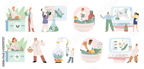 Homeopathy and herbal remedies set. Medical research laboratory diagnostics. Homeopathic treatment and phytotherapy. Traditional herb recipes of alternative medicine. Medicine pharmacy. Herbal pills