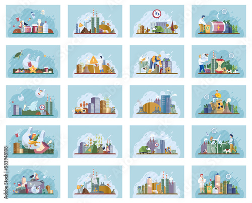 City landfill with garbage. Polluted area, garbage dump background. Earth day. Heaps of waste, stray dogs waste pollution cityscape cartoon backdrop. Junkyard, wasteland. Environment pollution problem