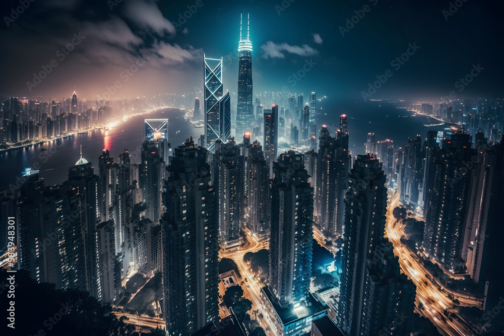 Light city of skyscrapers at night. Generative AI Light city of skyscrapers at night. Generative AI