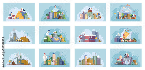 Waste and recycle set. Contains concepts trash, plastic, paper, bottle, can dumpster, factory, truck, food, garbage, glass pollution. Metaphor waste pollution. Different types of garbage and waste