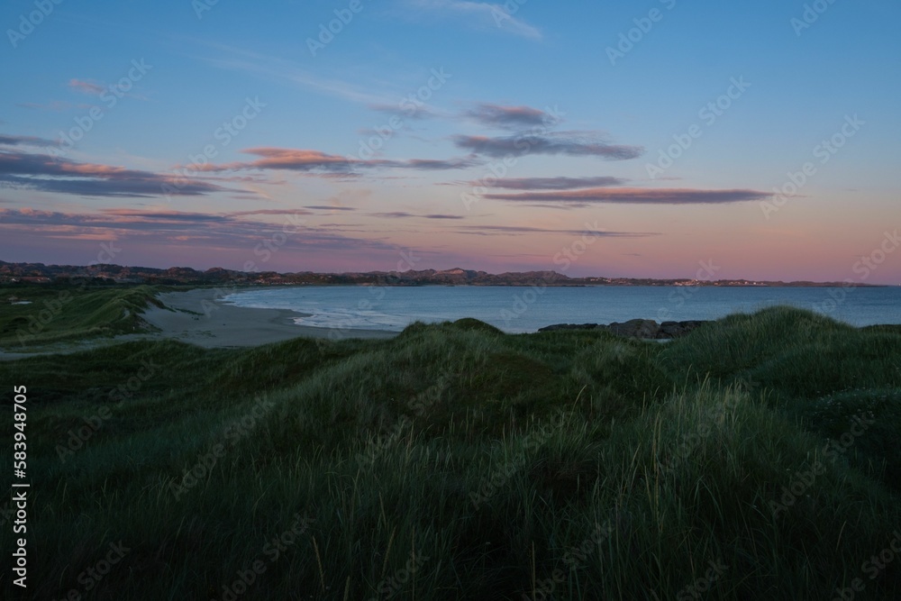 Beautiful sunset sky over the beach dunes covered with green grass