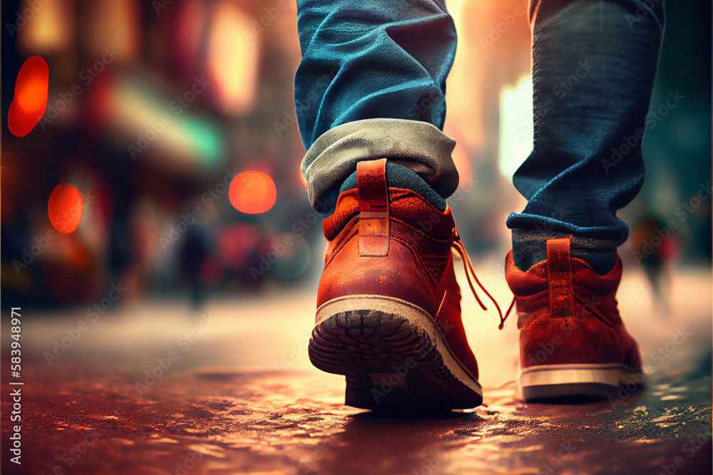 Naklejka premium male legs in orange sneakers and jeans on a footpath in the summer street