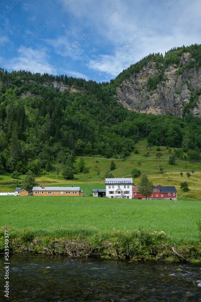 Vertical shot of rural houses in the mountains of Norway