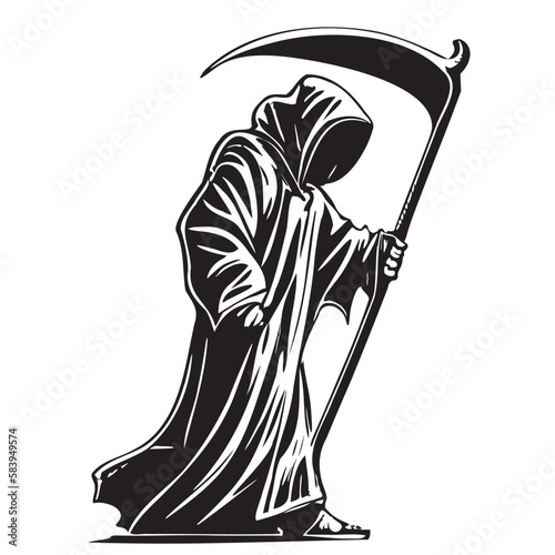 Death in a cloak with a hand drawn scythe sketch Vector illustration Halloween