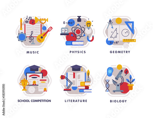 School Education Composition with Text Caption and Educational Objects Vector Set