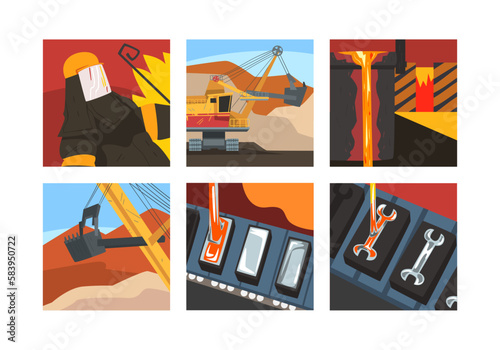 Metallurgical Industry and Metal Melting with Steel and Alloys Production Scene Vector Set